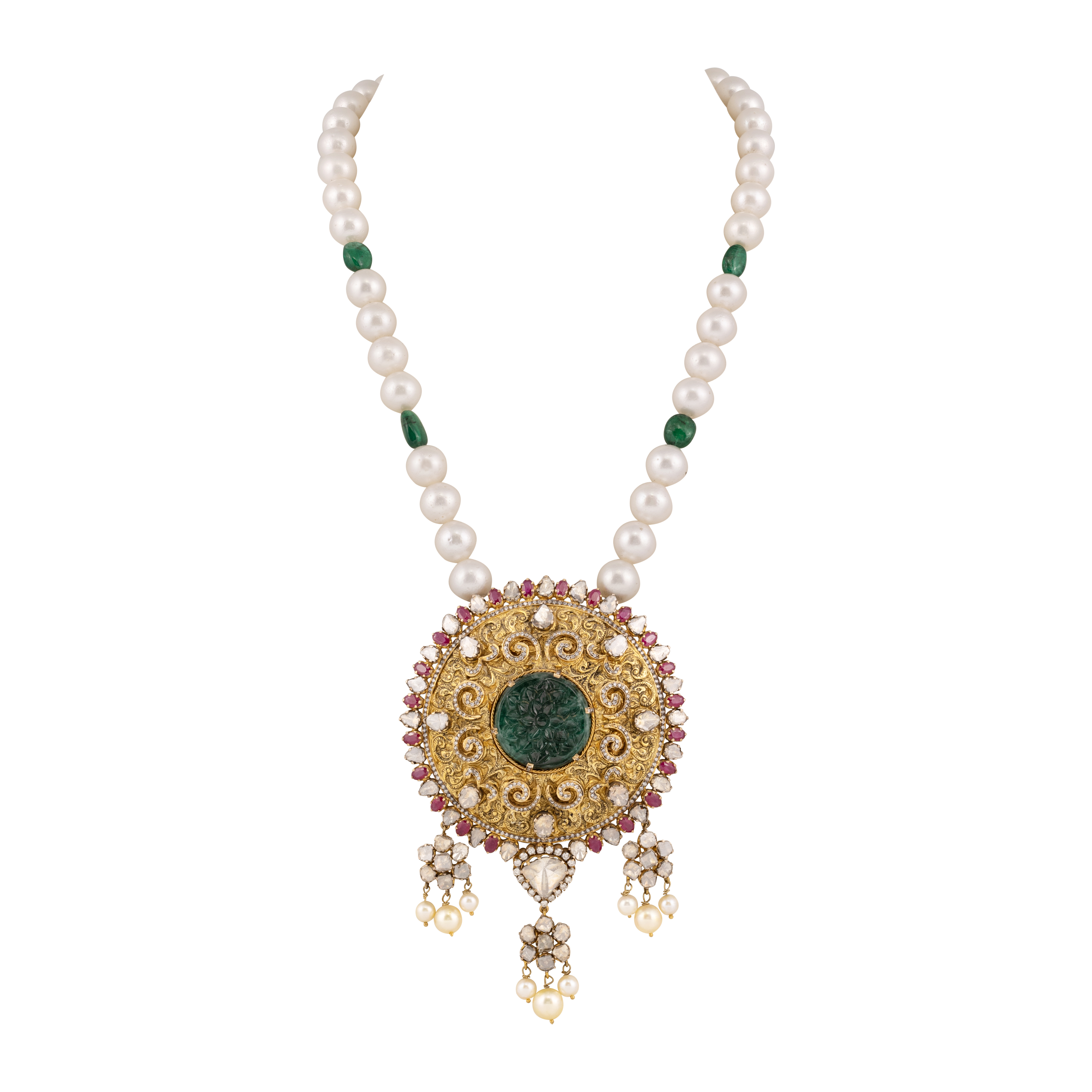 Carved Emerald Pendant Necklace with Rubies and South Sea Pearls